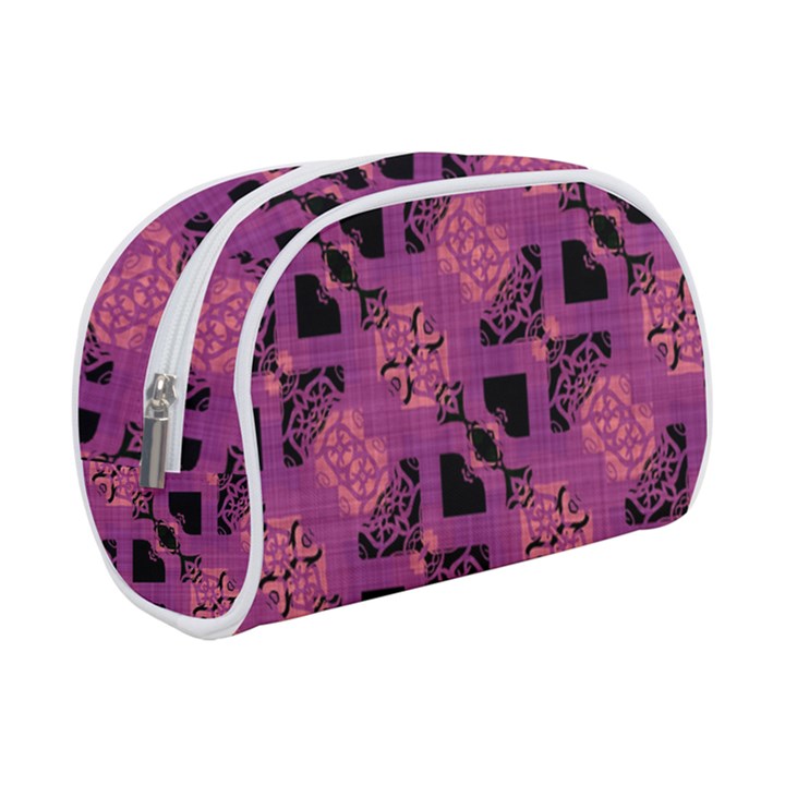 Fuchsia Black Abstract Checkered Stripes  Makeup Case (Small)