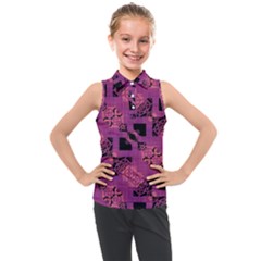 Fuchsia Black Abstract Checkered Stripes  Kids  Sleeveless Polo Tee