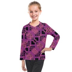 Fuchsia Black Abstract Checkered Stripes  Kids  Long Mesh Tee