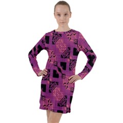 Fuchsia Black Abstract Checkered Stripes  Long Sleeve Hoodie Dress