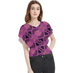 Fuchsia Black Abstract Checkered Stripes  Butterfly Chiffon Blouse