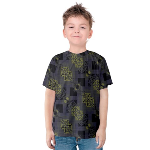 Grey Green Black Abstract Checkered Stripes Kids  Cotton Tee by SpinnyChairDesigns