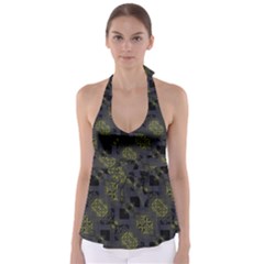 Grey Green Black Abstract Checkered Stripes Babydoll Tankini Top by SpinnyChairDesigns