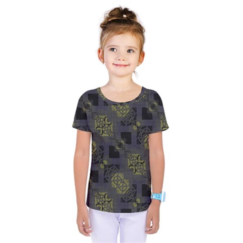 Grey Green Black Abstract Checkered Stripes Kids  One Piece Tee by SpinnyChairDesigns