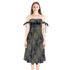 Grey Green Black Abstract Checkered Stripes Shoulder Tie Bardot Midi Dress by SpinnyChairDesigns