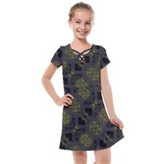 Grey Green Black Abstract Checkered Stripes Kids  Cross Web Dress by SpinnyChairDesigns