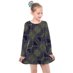 Grey Green Black Abstract Checkered Stripes Kids  Long Sleeve Dress by SpinnyChairDesigns