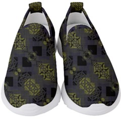 Grey Green Black Abstract Checkered Stripes Kids  Slip On Sneakers by SpinnyChairDesigns