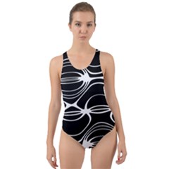 Black And White Clam Shell Pattern Cut-out Back One Piece Swimsuit by SpinnyChairDesigns