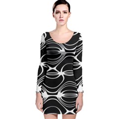 Black And White Clam Shell Pattern Long Sleeve Velvet Bodycon Dress by SpinnyChairDesigns