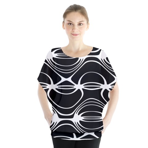 Black And White Clam Shell Pattern Batwing Chiffon Blouse by SpinnyChairDesigns