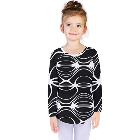 Black And White Clam Shell Pattern Kids  Long Sleeve Tee by SpinnyChairDesigns