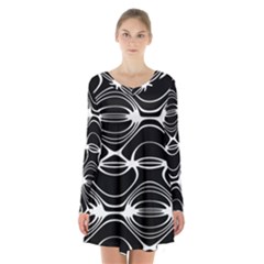 Black And White Clam Shell Pattern Long Sleeve Velvet V-neck Dress by SpinnyChairDesigns