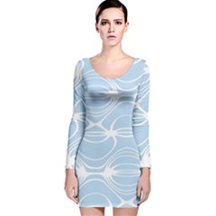 Blue And White Clam Shell Stripes Long Sleeve Velvet Bodycon Dress by SpinnyChairDesigns