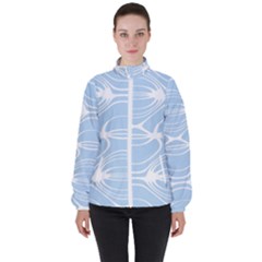 Blue And White Clam Shell Stripes Women s High Neck Windbreaker by SpinnyChairDesigns