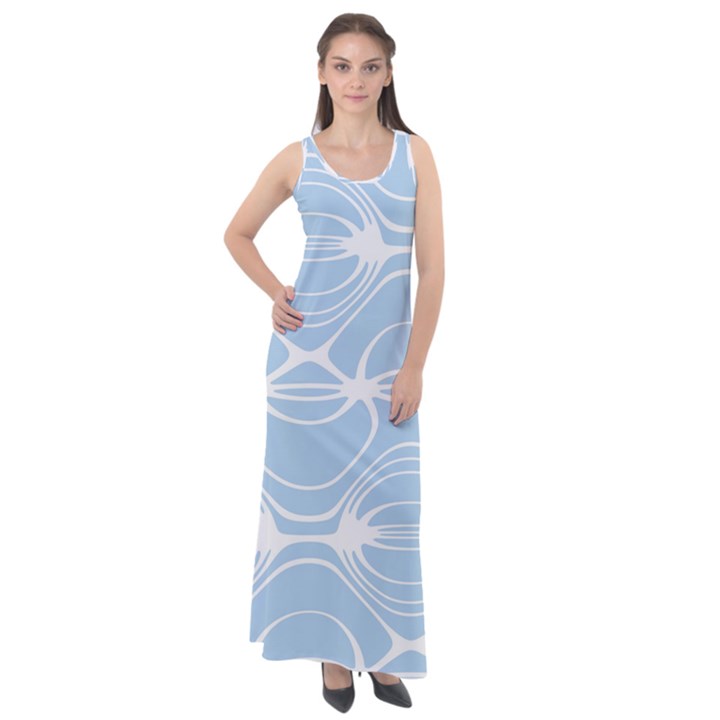 Blue and White Clam Shell Stripes Sleeveless Velour Maxi Dress