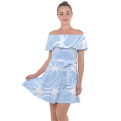 Blue And White Clam Shell Stripes Off Shoulder Velour Dress by SpinnyChairDesigns