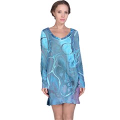 Blue Marble Abstract Art Long Sleeve Nightdress by SpinnyChairDesigns