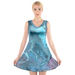 Blue Marble Abstract Art V-Neck Sleeveless Dress