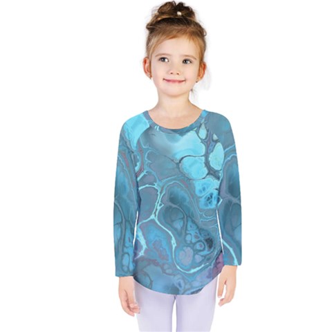 Blue Marble Abstract Art Kids  Long Sleeve Tee by SpinnyChairDesigns