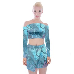 Blue Marble Abstract Art Off Shoulder Top with Mini Skirt Set