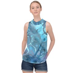 Blue Marble Abstract Art High Neck Satin Top