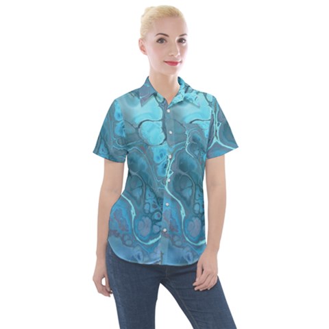 Blue Marble Abstract Art Women s Short Sleeve Pocket Shirt by SpinnyChairDesigns