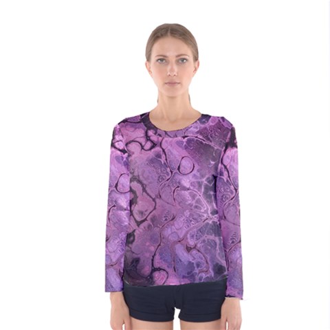 Amethyst Violet Abstract Marble Art Women s Long Sleeve Tee by SpinnyChairDesigns