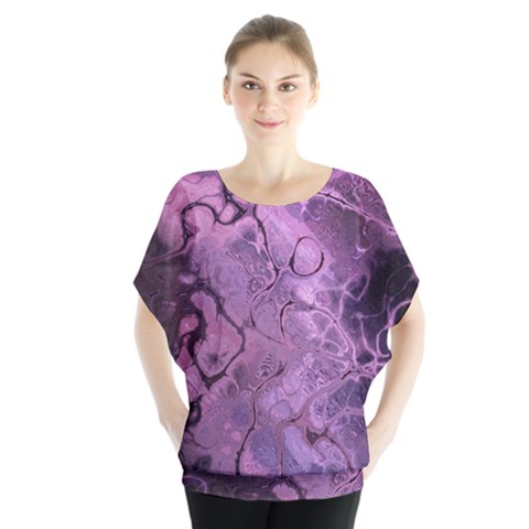 Amethyst Violet Abstract Marble Art Batwing Chiffon Blouse by SpinnyChairDesigns