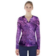 Amethyst Violet Abstract Marble Art V-neck Long Sleeve Top by SpinnyChairDesigns