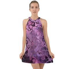 Amethyst Violet Abstract Marble Art Halter Tie Back Chiffon Dress by SpinnyChairDesigns