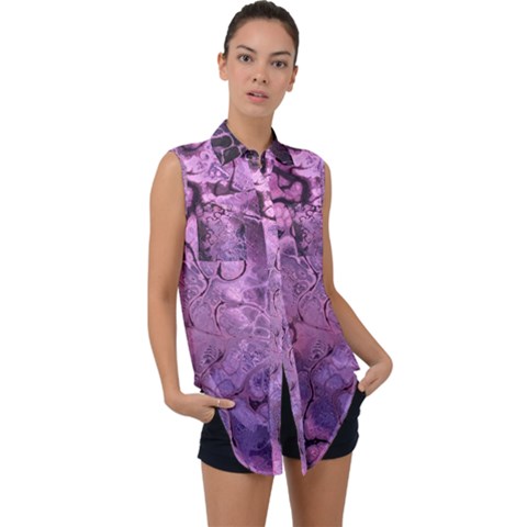 Amethyst Violet Abstract Marble Art Sleeveless Chiffon Button Shirt by SpinnyChairDesigns