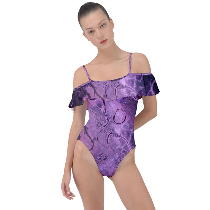 Amethyst Violet Abstract Marble Art Frill Detail One Piece Swimsuit