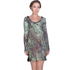 Black Green Grey Abstract Art Marble Texture Long Sleeve Nightdress by SpinnyChairDesigns