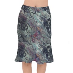 Black Green Grey Abstract Art Marble Texture Short Mermaid Skirt by SpinnyChairDesigns