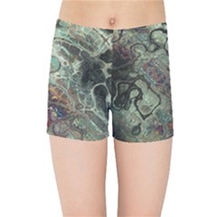 Black Green Grey Abstract Art Marble Texture Kids  Sports Shorts by SpinnyChairDesigns