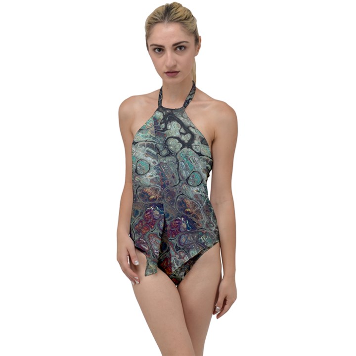 Black Green Grey Abstract Art Marble Texture Go with the Flow One Piece Swimsuit