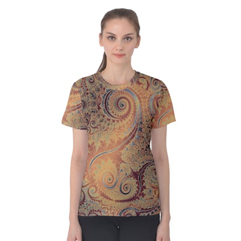 Terra Cotta Persian Orange Spirals Swirls Pattern Women s Cotton Tee by SpinnyChairDesigns