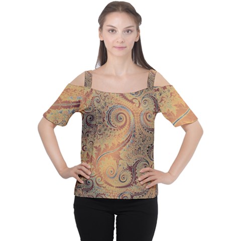 Terra Cotta Persian Orange Spirals Swirls Pattern Cutout Shoulder Tee by SpinnyChairDesigns