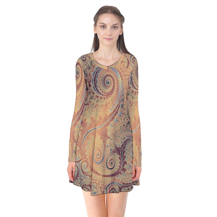 Terra Cotta Persian Orange Spirals Swirls Pattern Long Sleeve V-neck Flare Dress