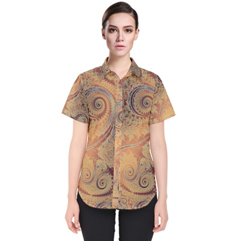 Terra Cotta Persian Orange Spirals Swirls Pattern Women s Short Sleeve Shirt by SpinnyChairDesigns