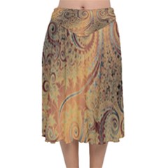 Terra Cotta Persian Orange Spirals Swirls Pattern Velvet Flared Midi Skirt by SpinnyChairDesigns