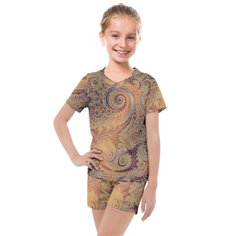 Terra Cotta Persian Orange Spirals Swirls Pattern Kids  Mesh Tee And Shorts Set by SpinnyChairDesigns