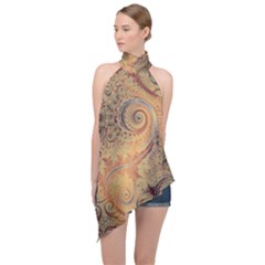 Terra Cotta Persian Orange Spirals Swirls Pattern Halter Asymmetric Satin Top by SpinnyChairDesigns