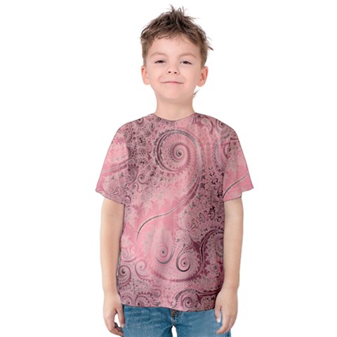 Orchid Pink And Blush Swirls Spirals Kids  Cotton Tee by SpinnyChairDesigns