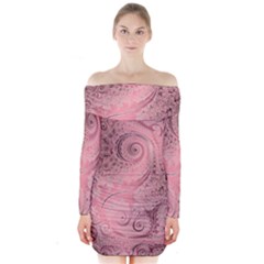 Orchid Pink And Blush Swirls Spirals Long Sleeve Off Shoulder Dress by SpinnyChairDesigns