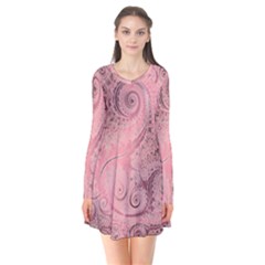 Orchid Pink And Blush Swirls Spirals Long Sleeve V-neck Flare Dress by SpinnyChairDesigns