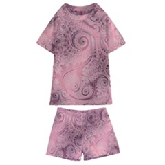 Orchid Pink And Blush Swirls Spirals Kids  Swim Tee And Shorts Set by SpinnyChairDesigns