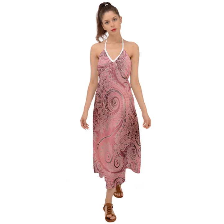 Orchid Pink and Blush Swirls Spirals Halter Tie Back Dress 