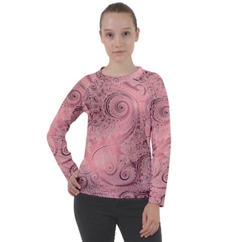 Orchid Pink And Blush Swirls Spirals Women s Long Sleeve Raglan Tee by SpinnyChairDesigns